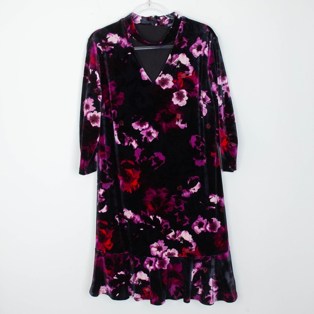 Roz & Ali Womens Whimsigoth Dark Floral Velvet Choker Dress Size 16 Black Ruffle